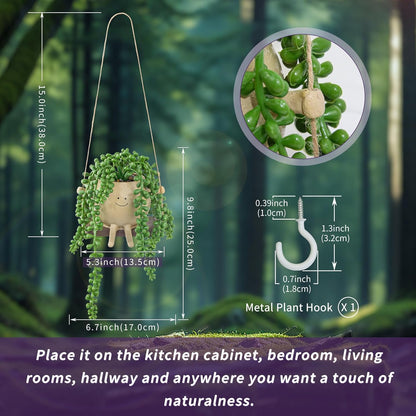 Artificial Succulents Hanging Plants Fake String of Pearls Trailing Plant in Cute Smiley Face Pot