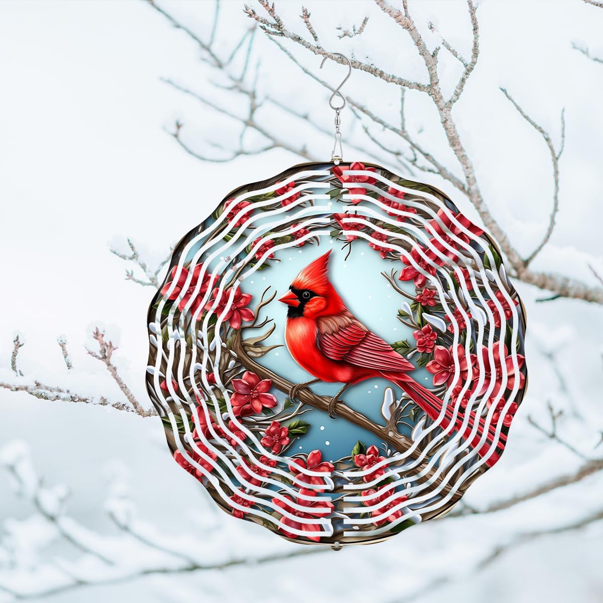 3D Red Cardinal Wind Spinner 10 Inch Stainless Steel Bird Wind Sculpture Kinetic Art Hanging
