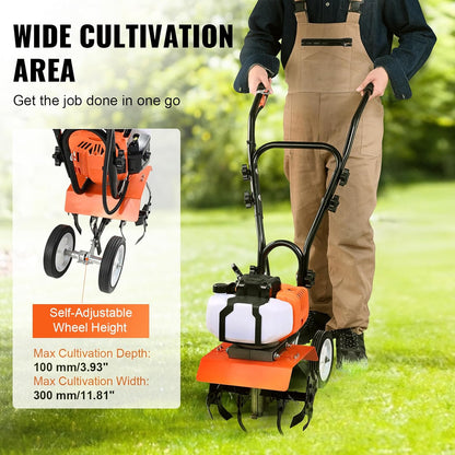 VEVOR Tiller Cultivator Gas Powered, 43CC 2-Stroke Garden Cultivator, Tiller with 4 Steel