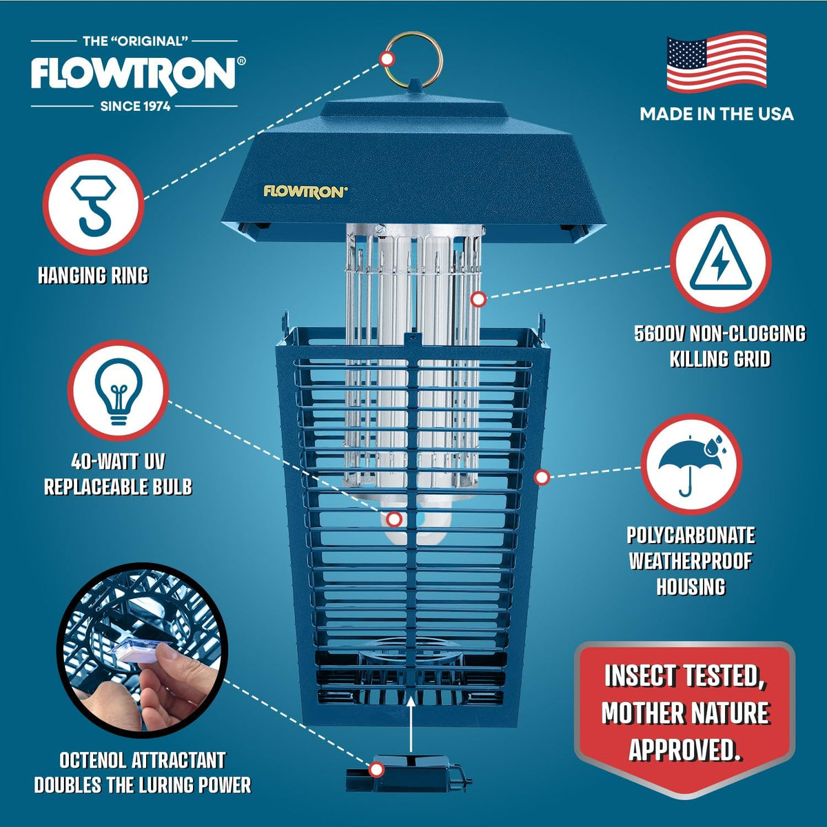 Flowtron Bug Zapper, 1 Acre of Outdoor Coverage with Powerful 40W Bulb & 5600V Instant Killing