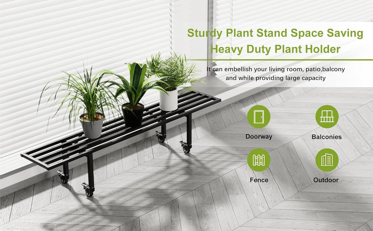Zhongma One Tier Metal Plant Stand with Wheels,(45.67 L x 8.66 W x 10.3 H) Heavy Duty Plant Holder