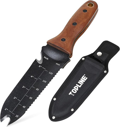 TOPLINE Hori Hori Garden Knife with Oxford Sheath, 7”Stainless Steel Blade with Cutting Edge