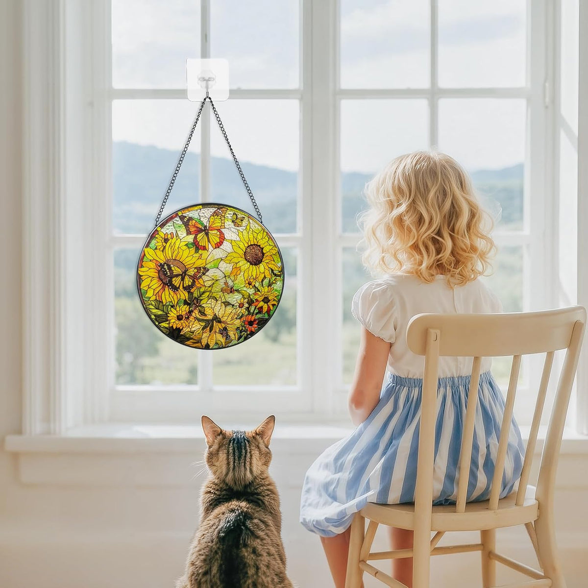 Suncatcher Stained Glass Window Hanging - Sunflower Glass Panel with Metal Chain and Hooks Handmade