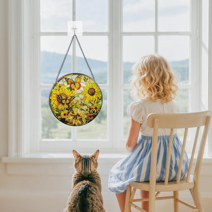 Suncatcher Stained Glass Window Hanging - Sunflower Glass Panel with Metal Chain and Hooks Handmade