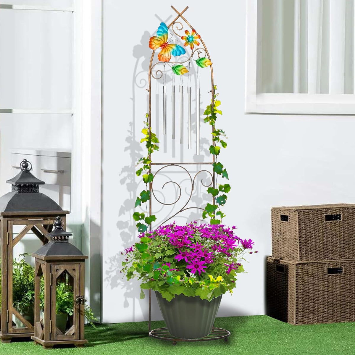 Garden Trellis with Plant Stands, 48” Metal Detachable Butterfly Plant Pot Trellis with Wind Chimes