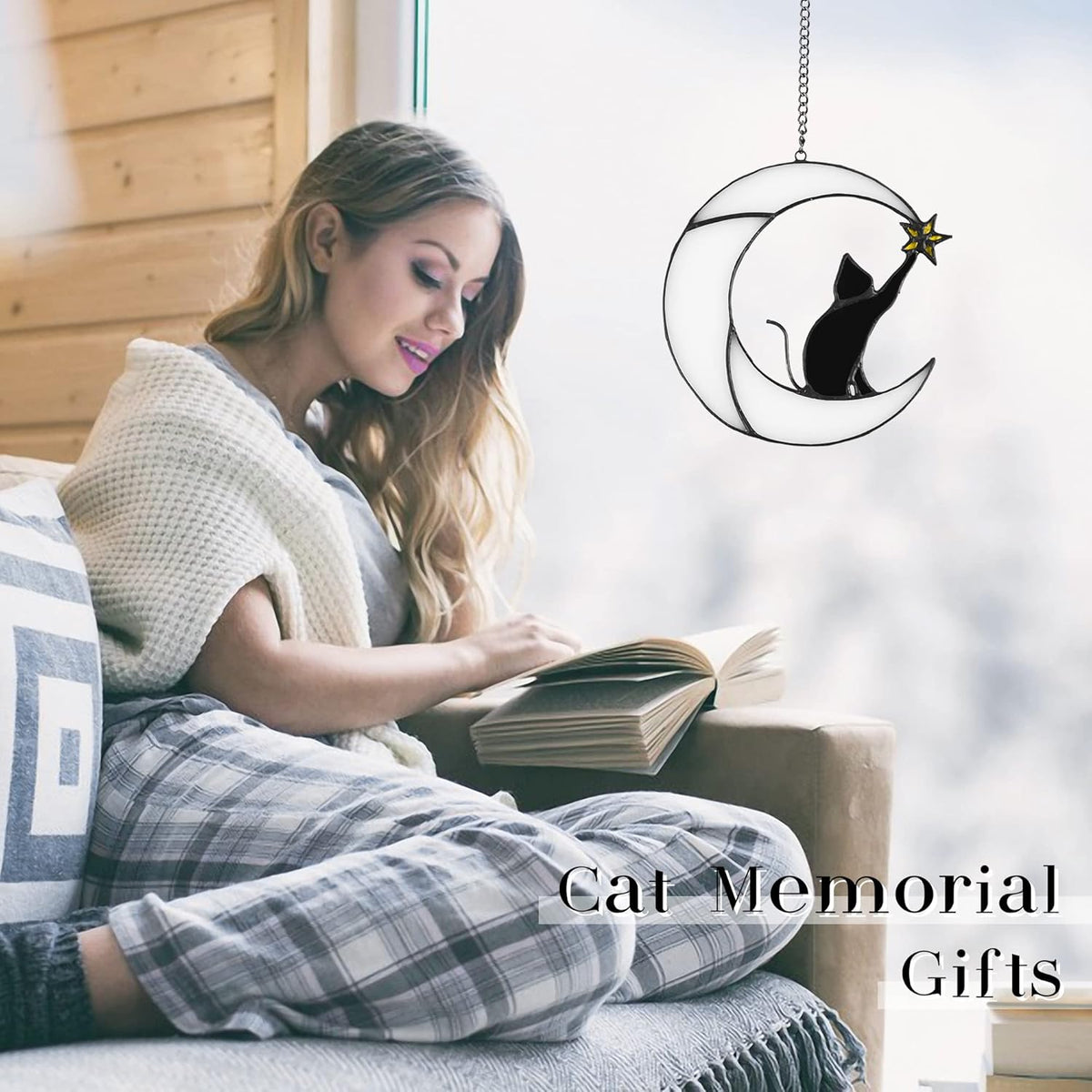 Stained Glass Cat on Moon Pick Star Window Hanging Suncatchers Memorial Gift Decor for Women (Black