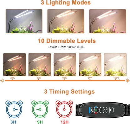 4 Heads Grow Lights for Indoor Plants, Full Spectrum LED Plant Lamps with Clips and 120 inch Cables
