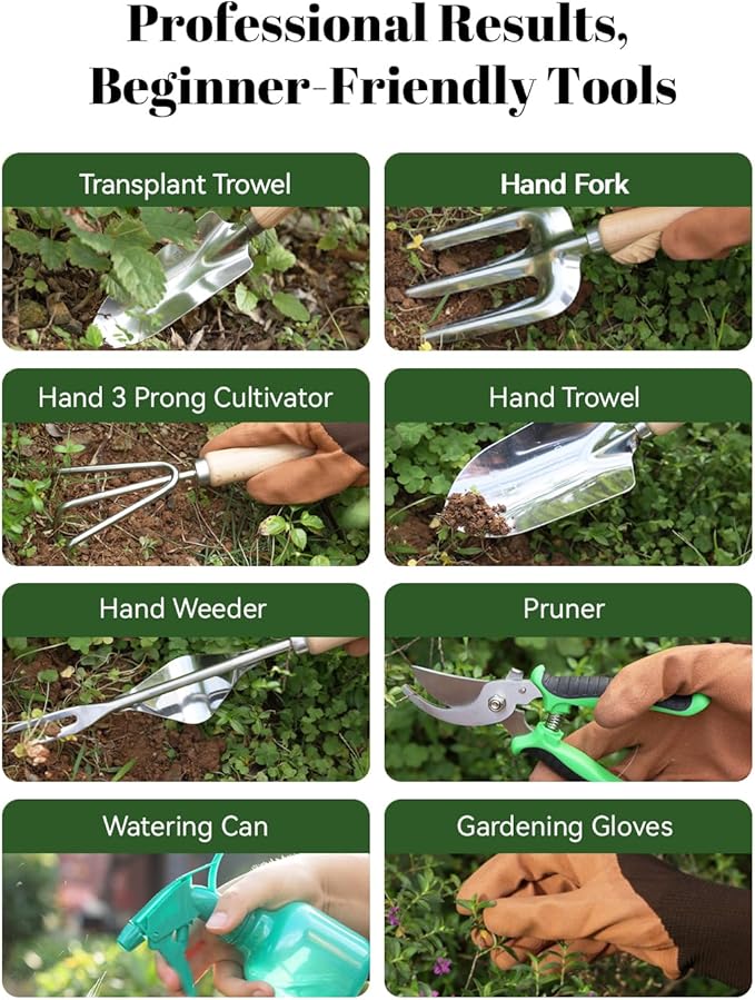 VerdantVibes 9-Piece Garden Tool Set - Heavy Duty Gardening Hand Tools with Ergonomic Non-Slip