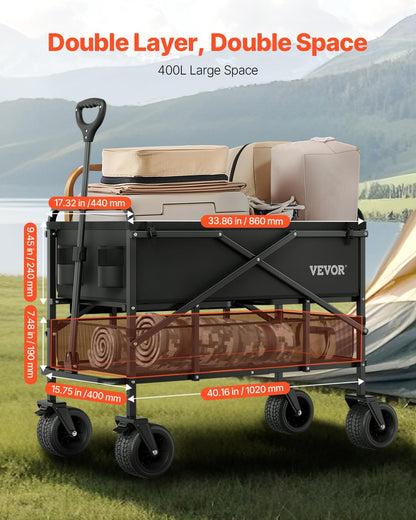 VEVOR 400L/450lbs Large Collapsible Double Decker Wagon, Foldable Heavy Duty Beach Wagon Cart with