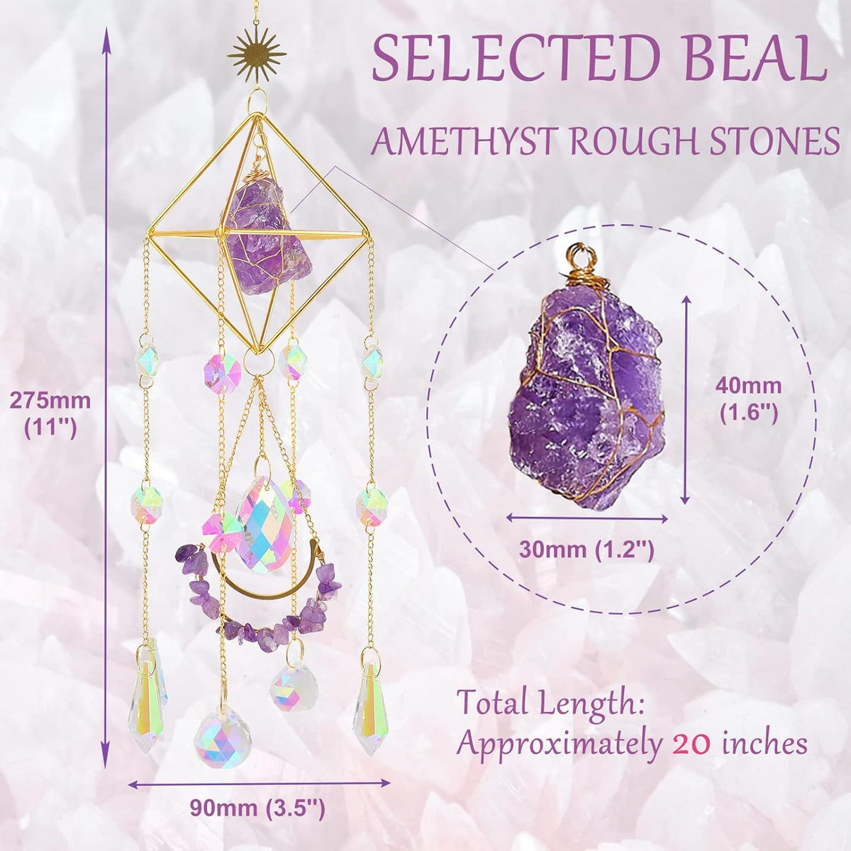 Amethyst Crystal Suncatcher - Hanging Gold Plated Garden Sun Catcher for Windows, Healing Amethyst