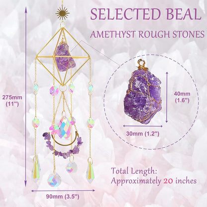Amethyst Crystal Suncatcher - Hanging Gold Plated Garden Sun Catcher for Windows, Healing Amethyst