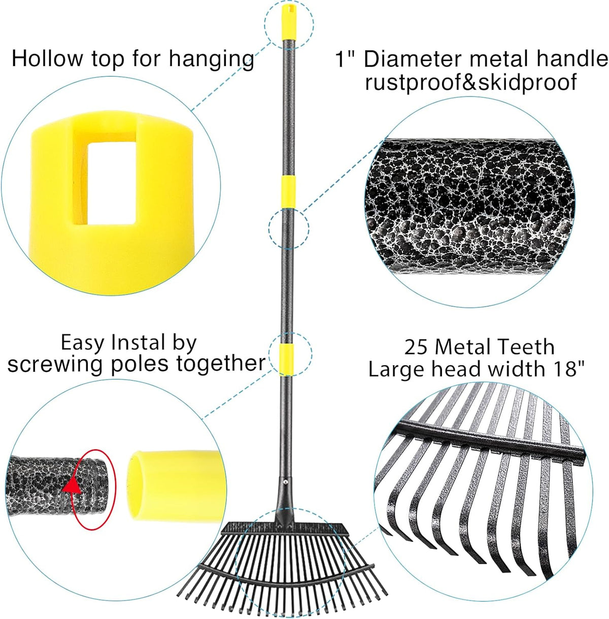 Collapsible Rake for Leaves, 30-66 inch Metal Leaf Rakes for Lawns Heavy Duty Extended Handle, 25