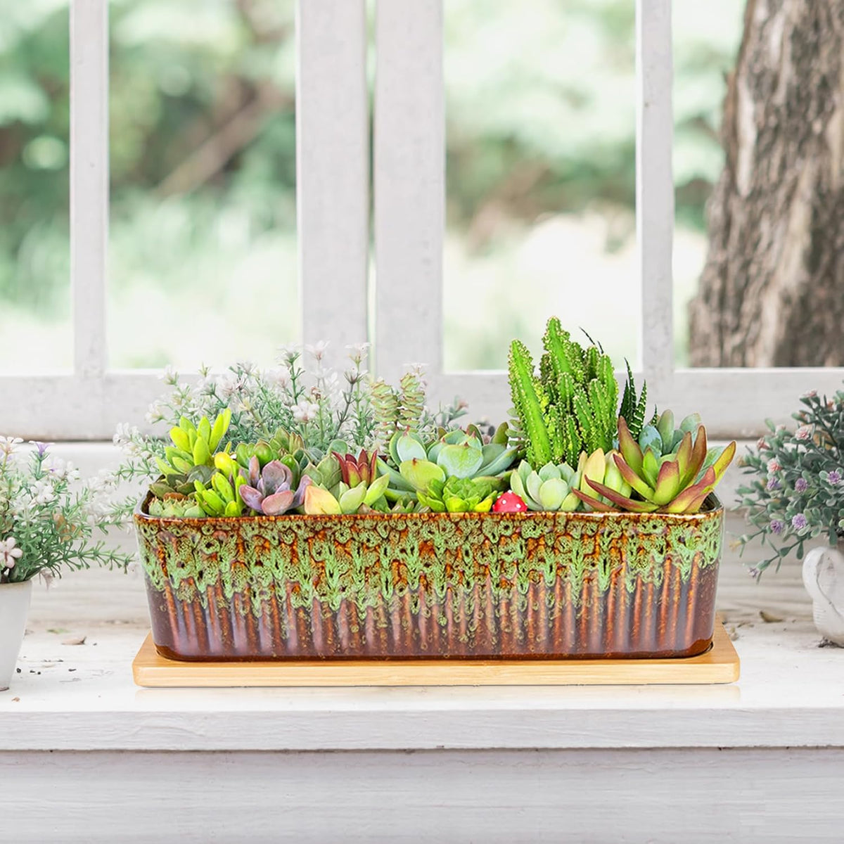 Succulent Pots - 12 Inch Large Succulent Planters with Drainage Tray, Window Sill Planter, Long