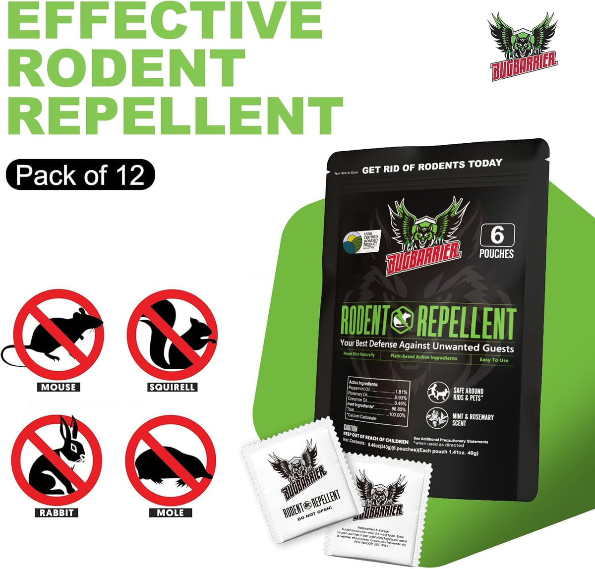 BugBarrier's Extra-Strength Mouse Repellent Deterrent Pouches, USDA 99% Biobased, Peppermint &