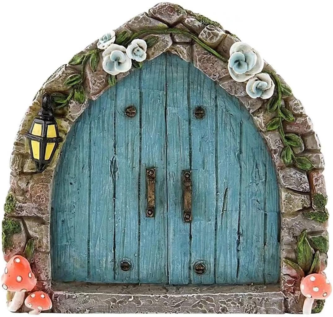 Blue Mini Fairy Garden Door for Tree, 3D Miniature Fairy Door for Fairytale Tiny House Doors