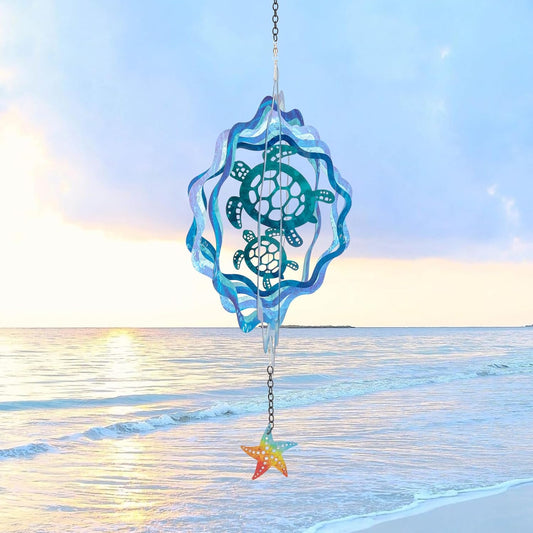 Sea Turtle Hanging Wind Spinners - 12 Inch 3D Kinetic Outdoor Large Metal Wind Spinner Blue Wave