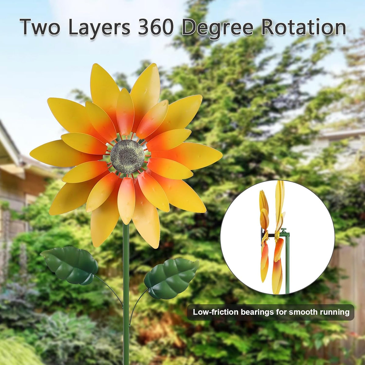 hogardeck Outdoor Wind Spinner, 61" Metal Sunflower Wind Spinner with Stake, 360° Rotating Windmill