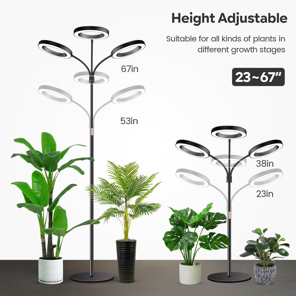 Garpsen Halo Floor Grow Light, Three-Head Full Spectrum LED Plant Light with Base, 5 Dimmable