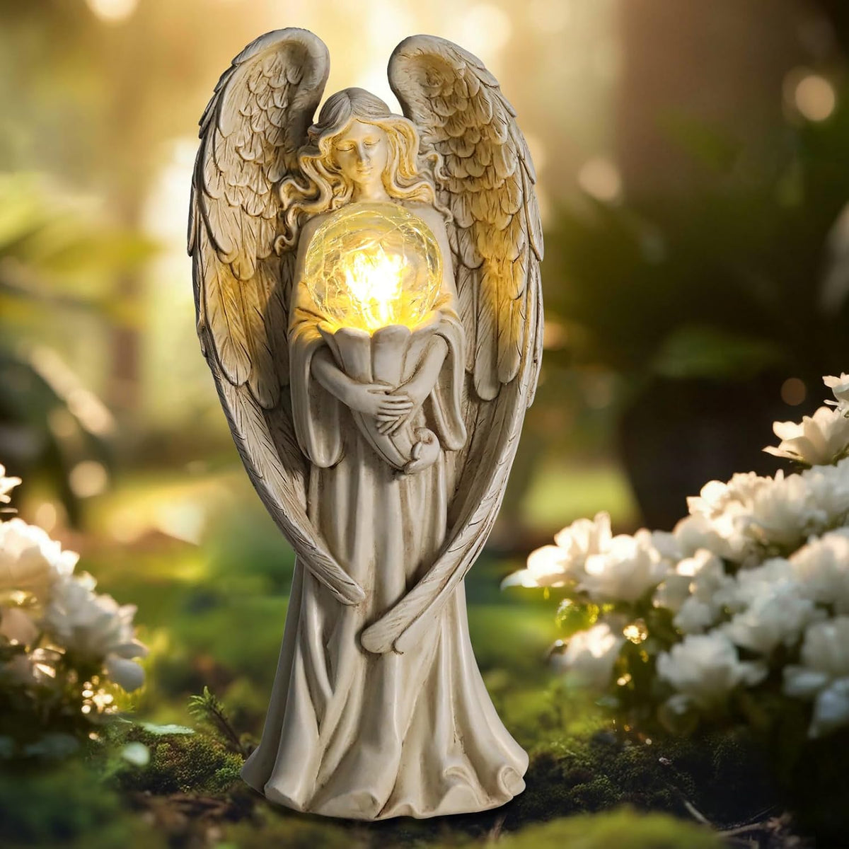 Angel Statues for Garden-Garden Angels Outdoor Statue - Solar Angels Figurines Holding Glass Ball