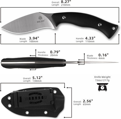REAT Fixed Blade Knife with Kydex Sheath, 4" D2 Steel Blade with Full Tang Desgin,Ergonomic G10