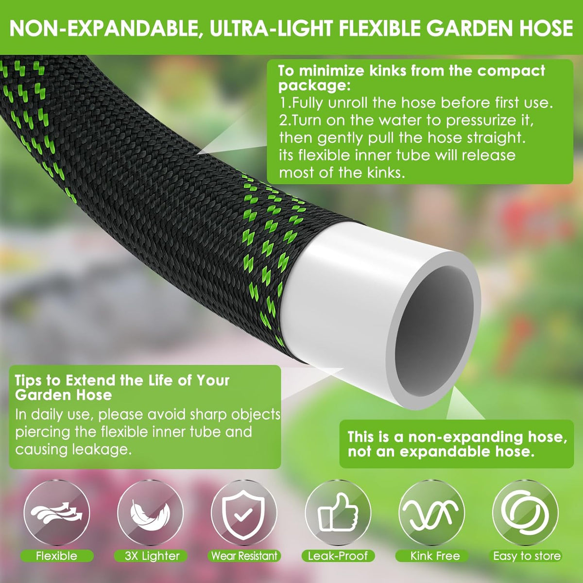 Non-Expandable Garden Hose 75 ft, Ultra Lightweight & Flexible Water Hose With 10-Pattern Spray