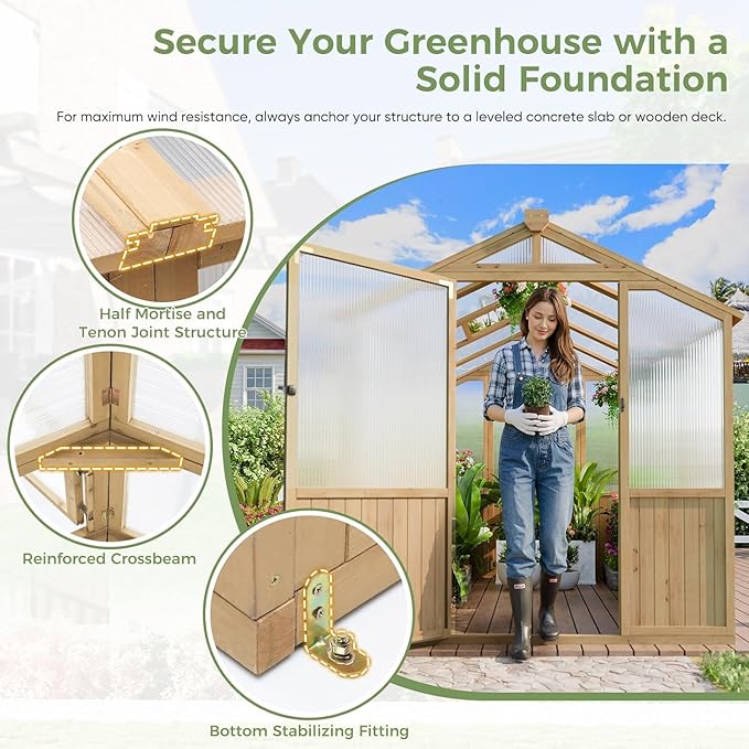 Restland 6x8 FT Wood Greenhouse with Shelves Reinforced Frame Walk-in Greenhouses with Adjustable