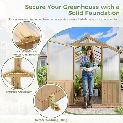 Restland 6x8 FT Wood Greenhouse with Shelves Reinforced Frame Walk-in Greenhouses with Adjustable