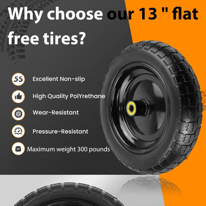 13" Flat Free Wheels Replacement for GOR Garden Cart Tires, 4.00-6 Solid Tires with 5/8"Bearings
