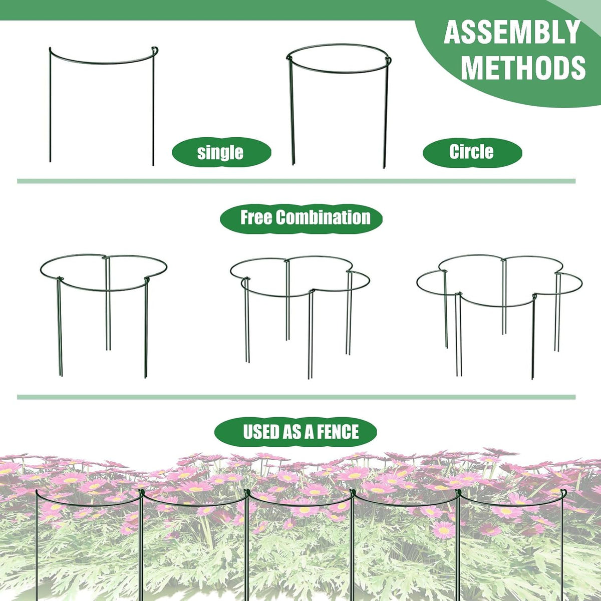 LINGHUI 12 Pack Plant Support Stakes, 10" Wide x 16" High,Heavy-Duty Half Round Peony Support Ring