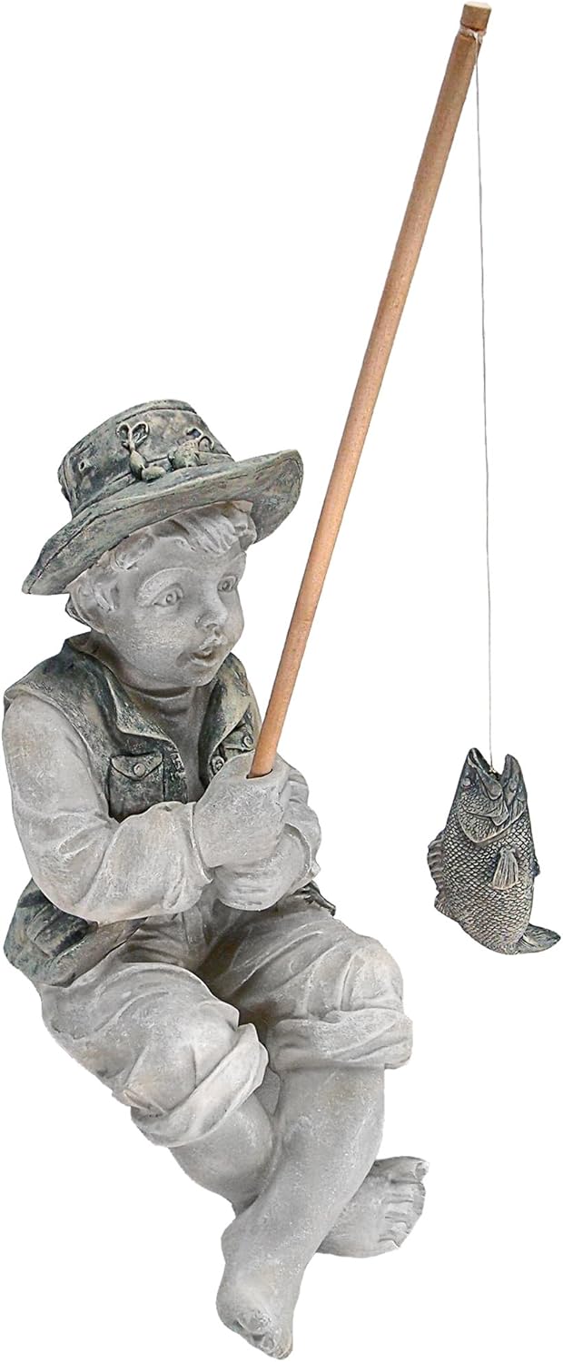 Design Toscano Frederic the Little Fisherman of Avignon Boy Fishing Garden Statue, 15 Inch Tall