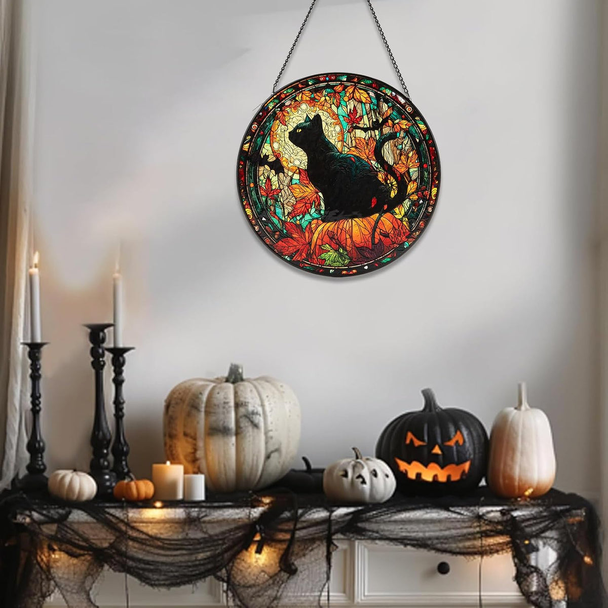 Stained Glass Window Hanging, Halloween Decorations Black Cat Maple Leaf Suncatcher for Doors