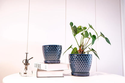 Docrin Ceramic Plant Pots Indoor, 6.6 + 5.5 Inch Planters with Drainage Holes and Saucer for
