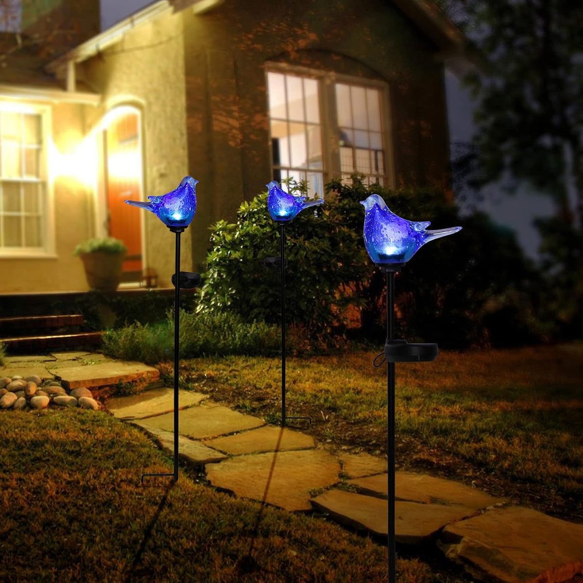 Afirst Solar Bluebird Garden Stake Lights - Hand Blown Glass Decorative Garden Pathway Lights