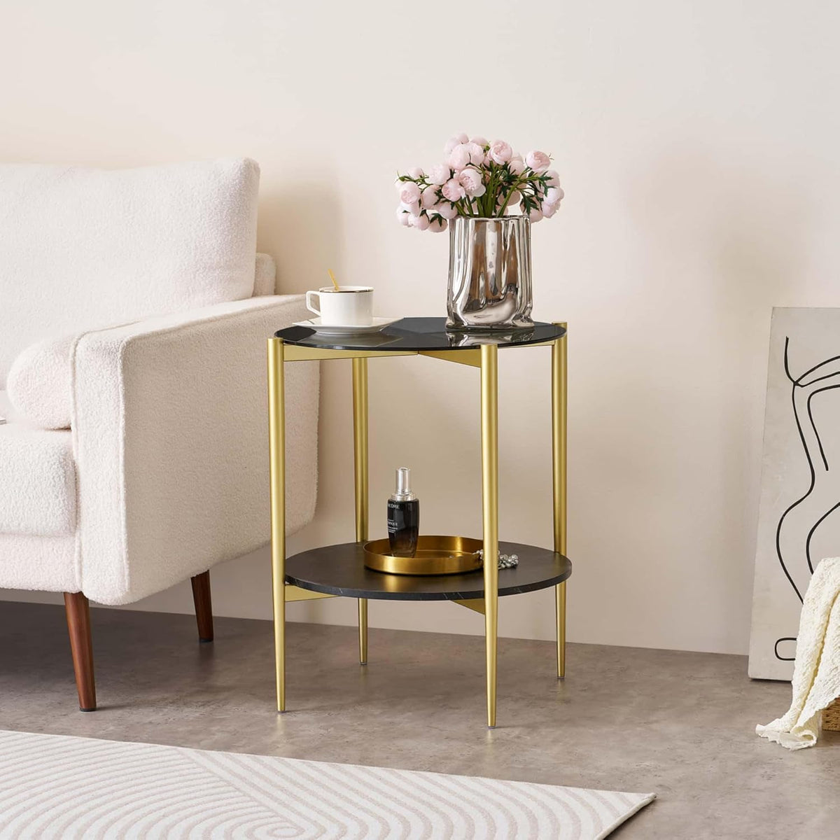 Round Glass End Table, Mid-Century Modern Design Sofa Table for Living Room, D18 x H23 in, 2-Tier