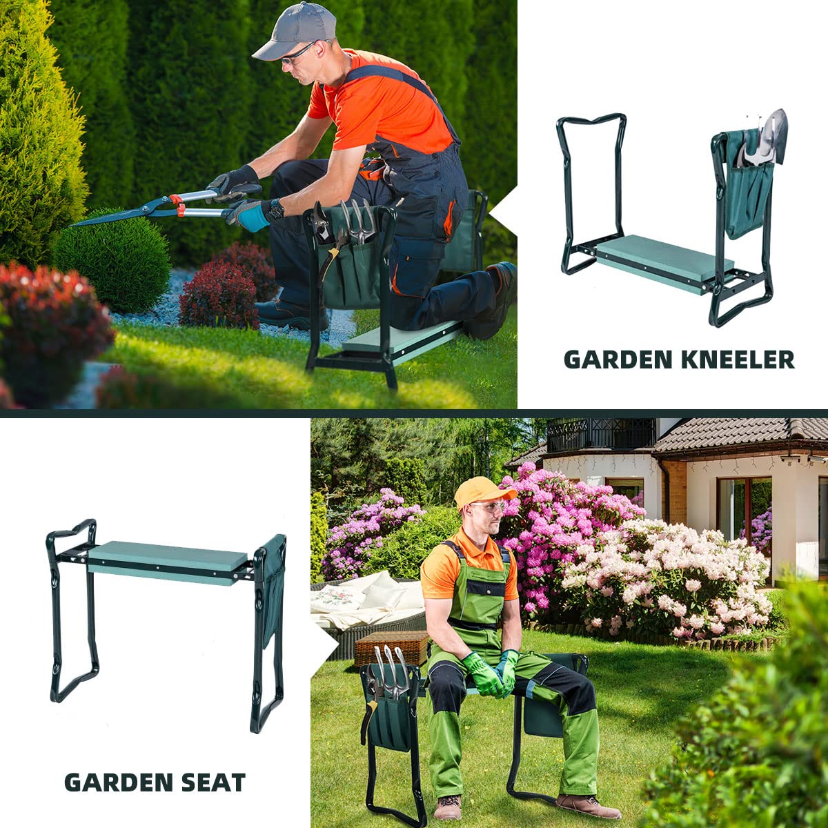 OFFICEJOY 2-in-1 Garden Kneeler & Seat, Folding Seat w/EVA Foam Kneeling Pad & Removable Tools