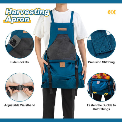 Berry&Bird Harvest Apron, Canvas Gardening Apron with Pockets and Harvesting Pouch Waterproof