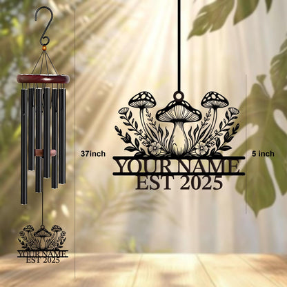 Personalized Customize Name Fantasy Mushroom Wonderland Wind Chime, Metal Iron 37 Inch Outdoor