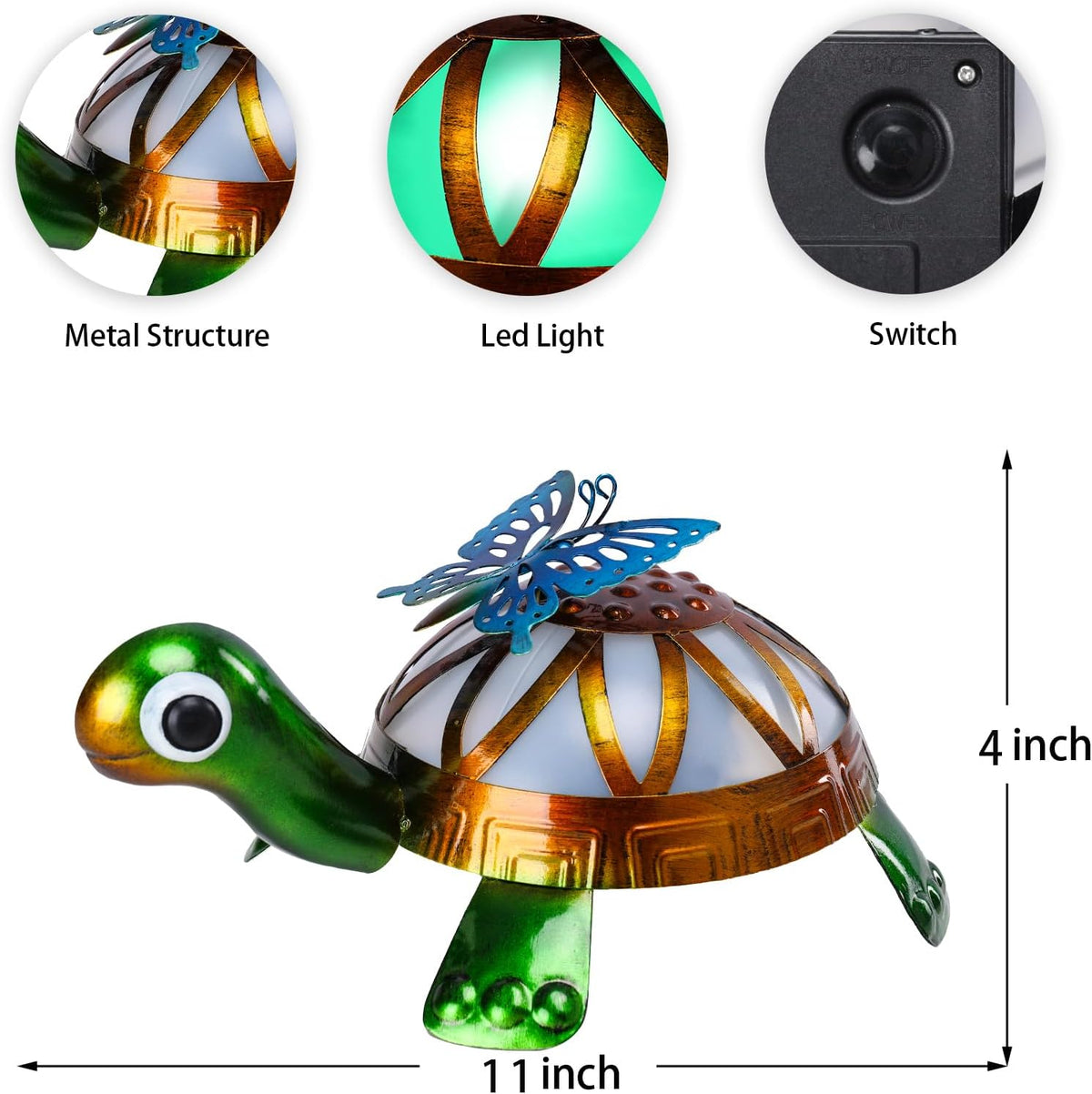 Solar Garden Outdoor Statues with Butterfly, Metal Garden Turtle Statue Solar Lights Outdoor