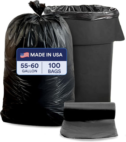 Plasticplace 55-60 Gallon Trash Bags, Heavy Duty Black Garbage Bags, 100 Count for Lawn, Yard, and