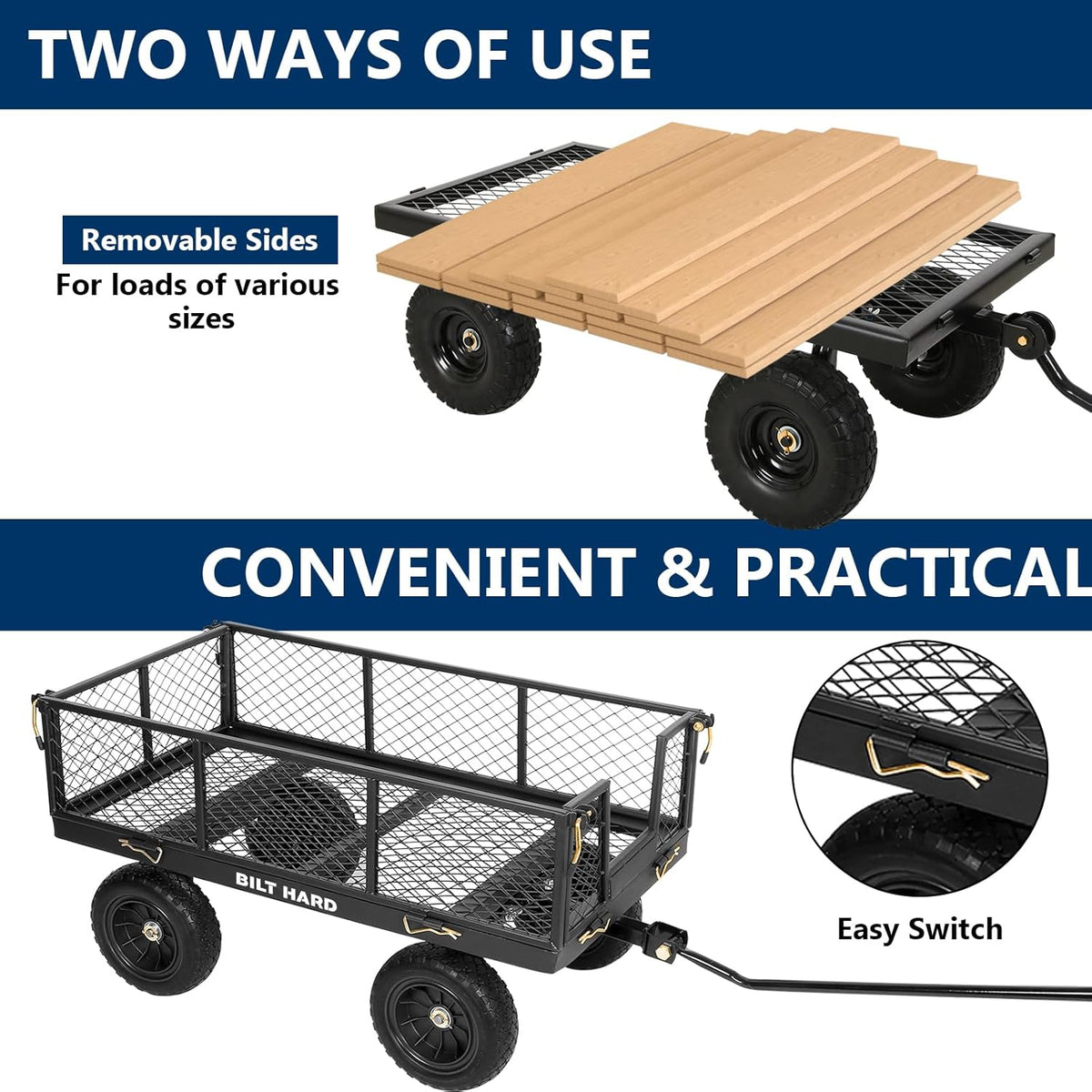 BILT HARD 10" Flat Free Tires Heavy Duty Garden Cart with 180° Rotating Handle and Removable Sides