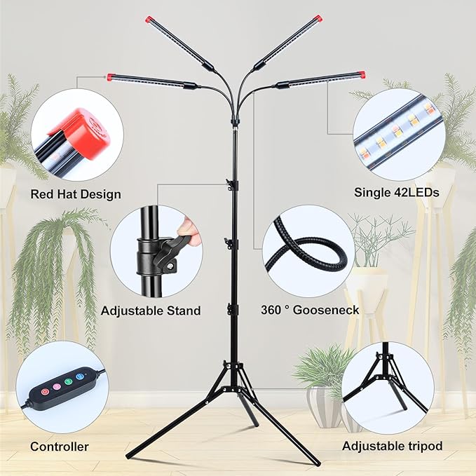 4Head Grow Lights for Indoor Plants, Seed Starting, Vegetables, Bonsai with Tripod Stand and Auto