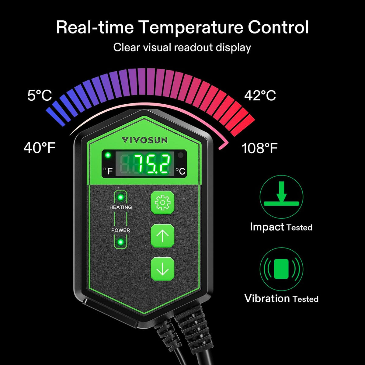 VIVOSUN Digital Heat Mat Thermostat Controller, 40–108 ºF 1000W for Reptiles, Seedlings