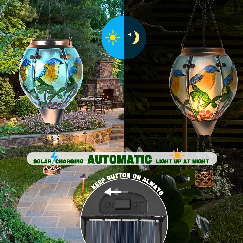 Hot Air Balloon Solar Lantern - Bluebird Glass Lantern, Simulated Flickering & Dancing Flame