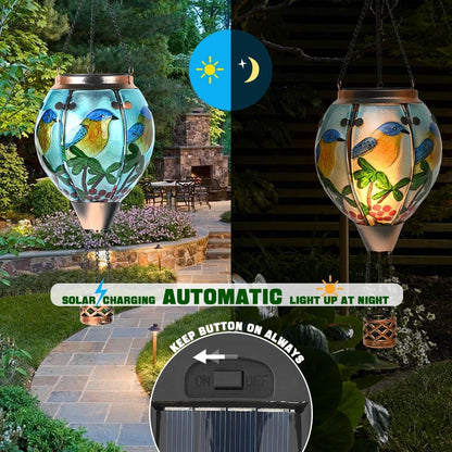 Hot Air Balloon Solar Lantern - Bluebird Glass Lantern, Simulated Flickering & Dancing Flame