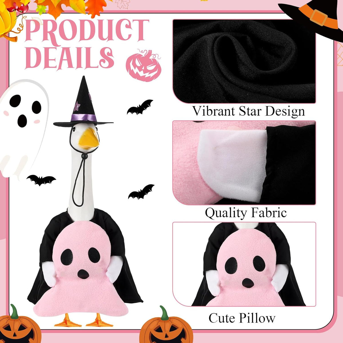 Sanwuta 1 Set Halloween Porch Goose Outfit Pink Ghost Pillow Design with Witch Hat for 23" Lawn