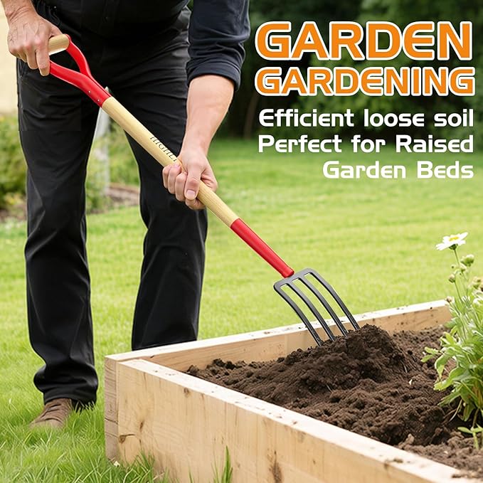 HIGHLIGHT Garden Fork, 4-Tine Spading Fork, Compost Fork, Steel Digging Fork, 45Inch, Steel D-Grip