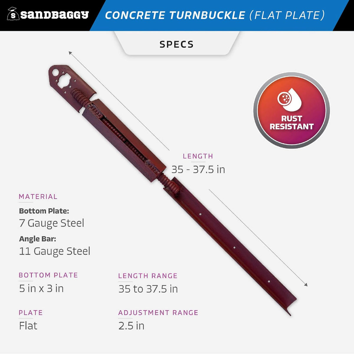 Sandbaggy Concrete Turnbuckle Form Aligner with 5" x 3" Flat Plate (35" - 37.5" Length) - Rust