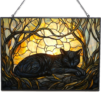 Rectangle Art Nouveau Black Cat Sunbeam Stained Glass Window Hanging Customized Suncatcher Glass