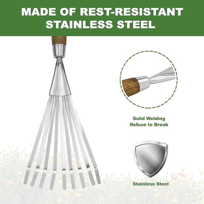 Haliaeetus Garden Hand Rake, 14.6'' Small Rake for Tight Areas, 9 Tines Stainless Steel with