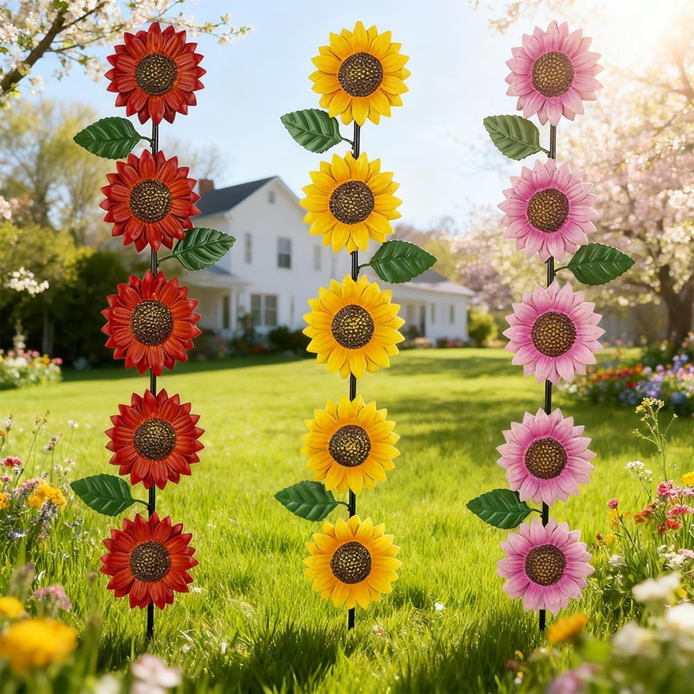 Garden Decor for Outside,3 Pack Sunflowers Metal Yard Art Decorative Garden Stakes,Metal Flowers